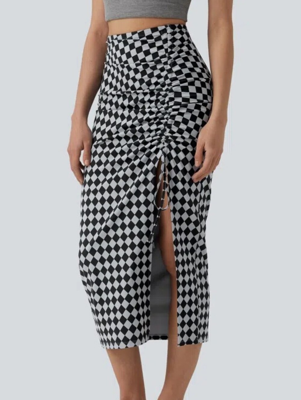 Halara UltraSculpt Check Print High Waisted Drawstring Bodycon Midi Casual Skirt